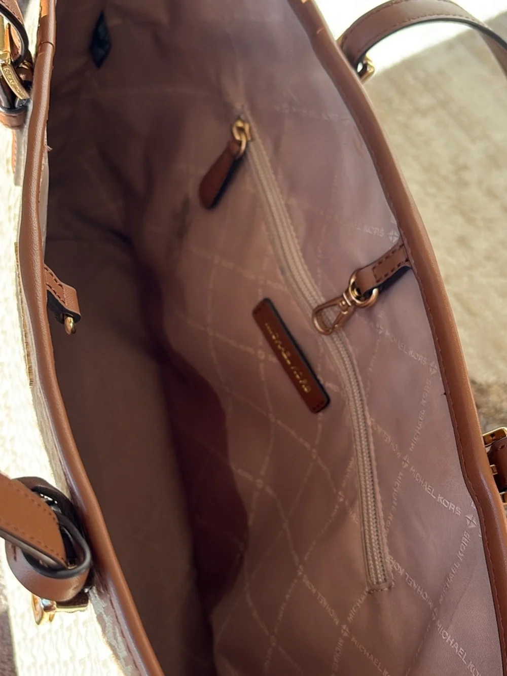 Michael Kors Tan Brown MK Logo Tote with Gold Charm